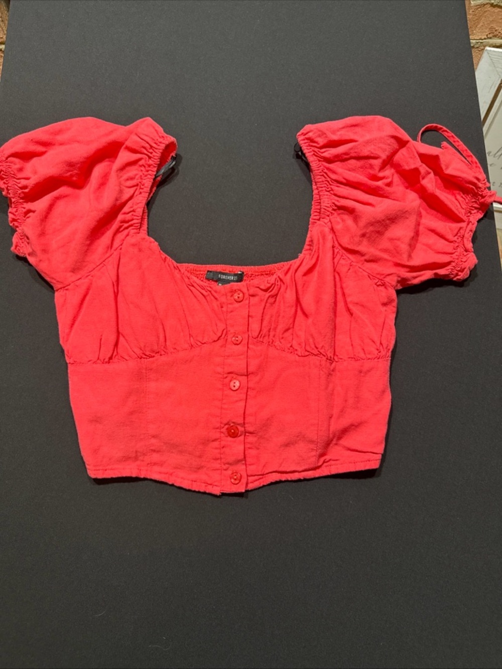 Forever 21 Coral-Red Puff Sleeve Button Crop Top